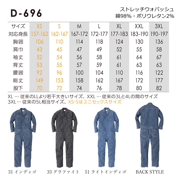 ディッキーズ 長袖つなぎ ツナギ オーバーオール ストレッチ ジャンプスーツ ウォバッシュストライプ D-696 作業服 作業着 Dickies｜darumashouten｜06