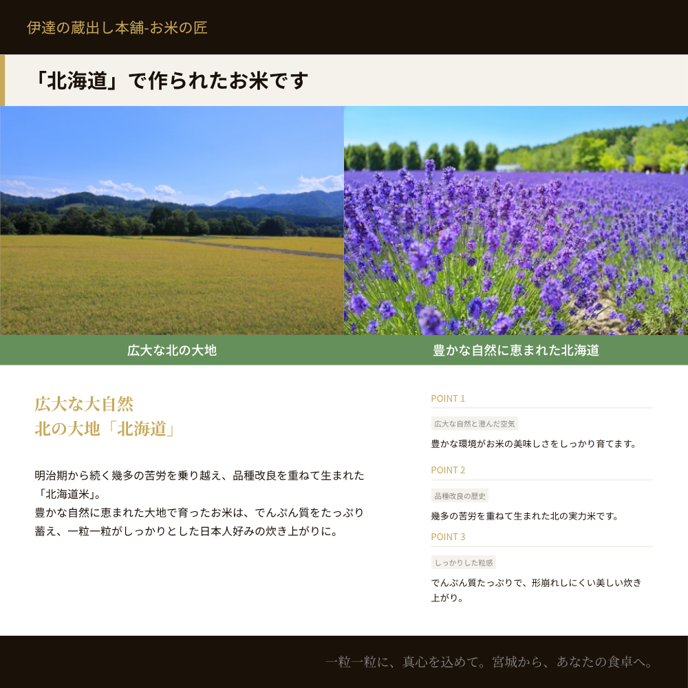 北海道で作られたお米です 広大な北の大地・豊かな自然に恵まれた北海道 広大な自然と澄んだ空気・品種改良の歴史・しっかりした粒感 広大な大自然・北の大地北海道産ゆめぴりか