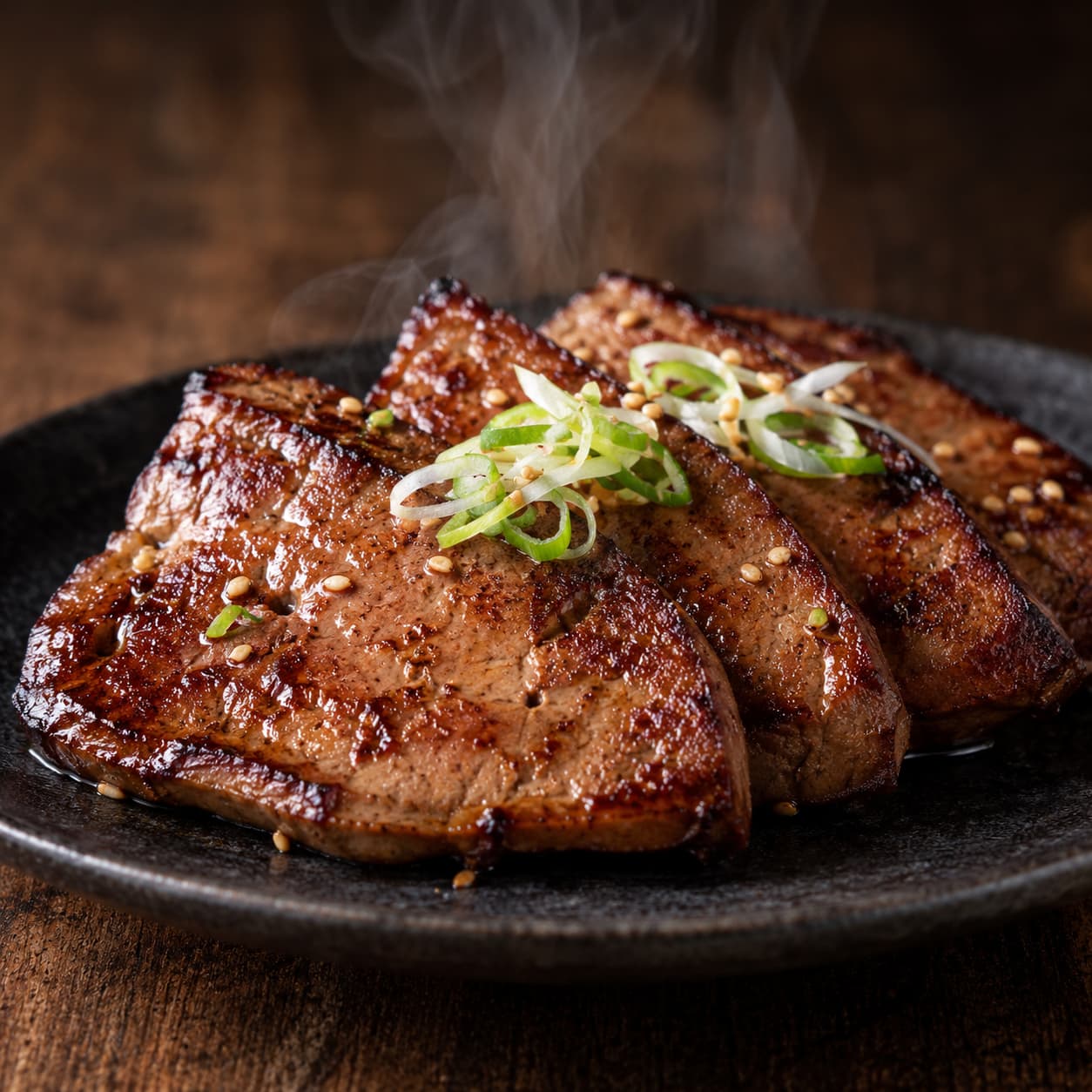焼いた黒毛和牛レバーの完成 香ばしい焼き目とねぎ 湯気