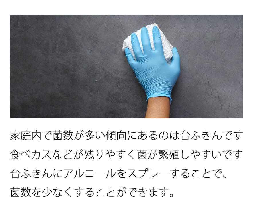 食卓を拭く台ふきんにはアルコールをかけてしっかり除菌。若しくは使い捨てタイプのペーパータオルを使用することで菌の繁殖を抑えれます。