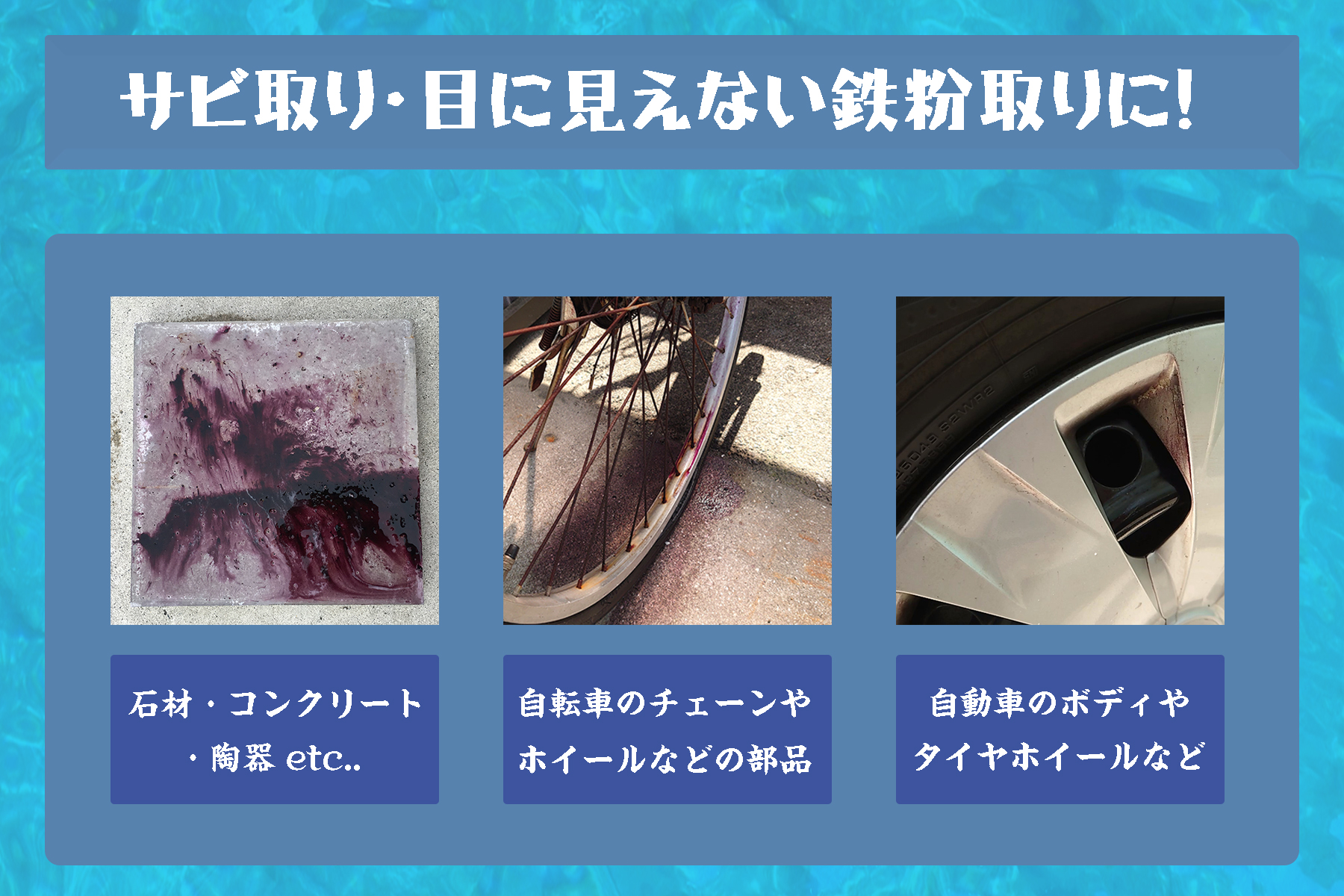 錆び取り洗剤、使用方法。錆びが発生している箇所に洗剤をスプレー、錆びに反応し成分が紫色に変化。しっかり洗い流しサビをおとす