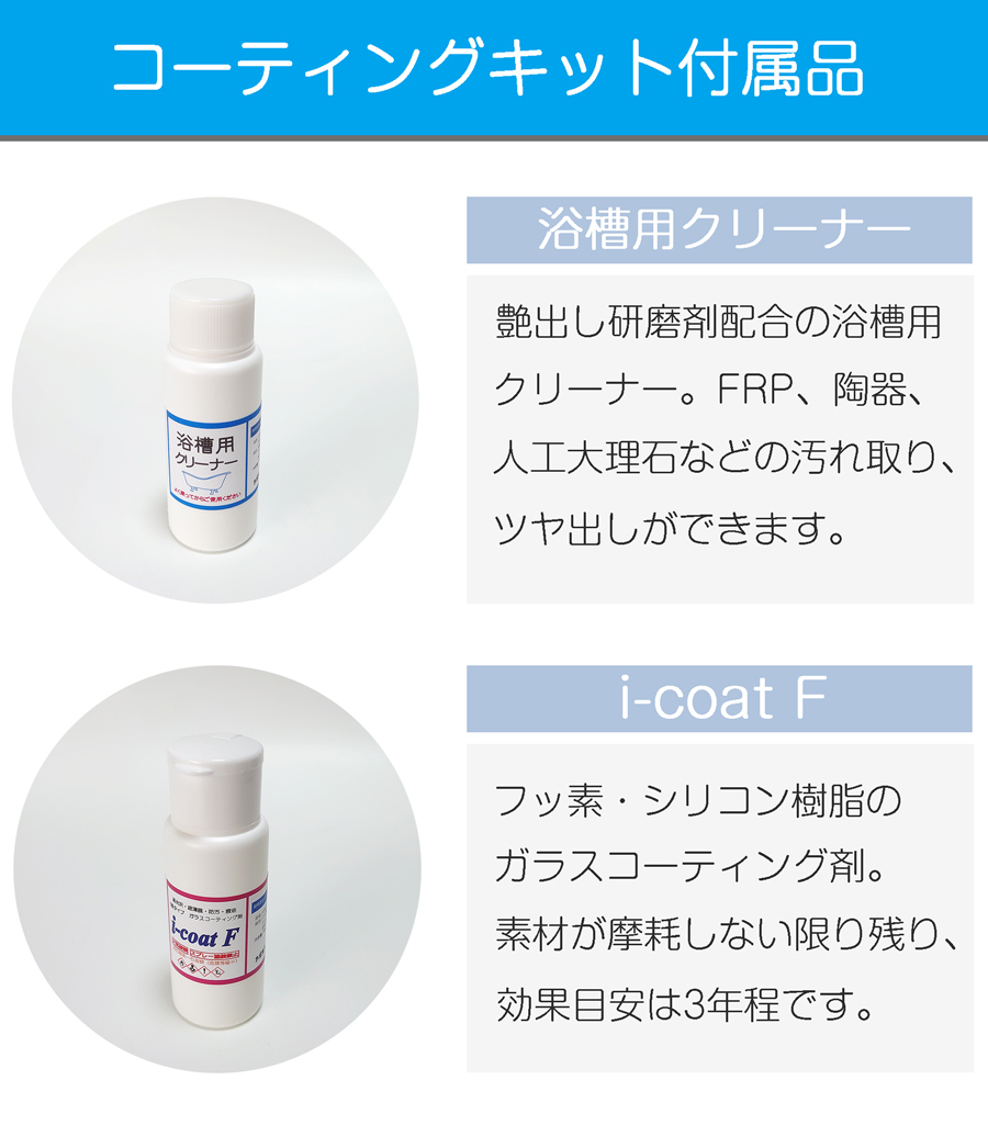 浴槽用のキット付属品。浴槽用クリーナー。ガラスコーティング剤i-coat F。