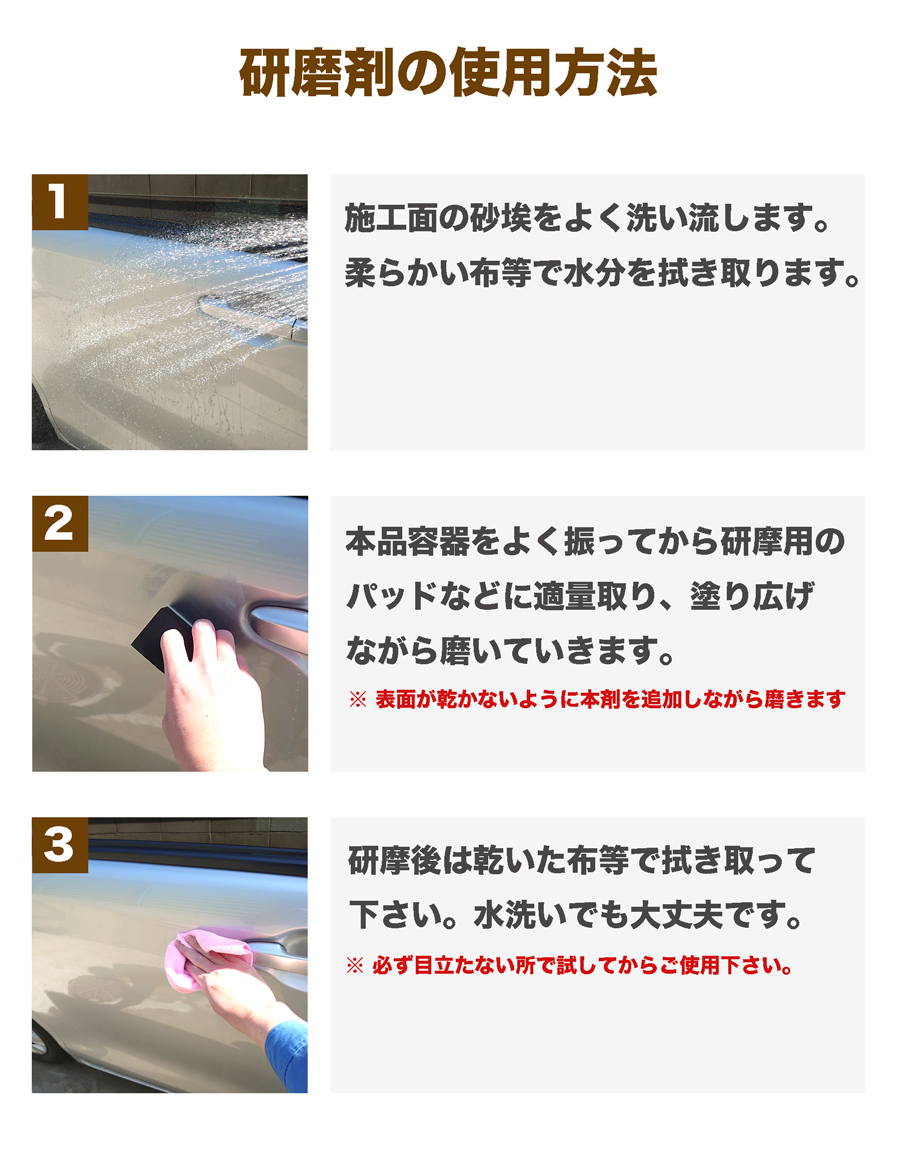 車用研磨剤の使用方法。施工面を水洗いし、砂埃を取ります。研摩用パッドに適量取り、塗り広げながら磨いていきます。研摩後は、しっかり拭き取って下さい。