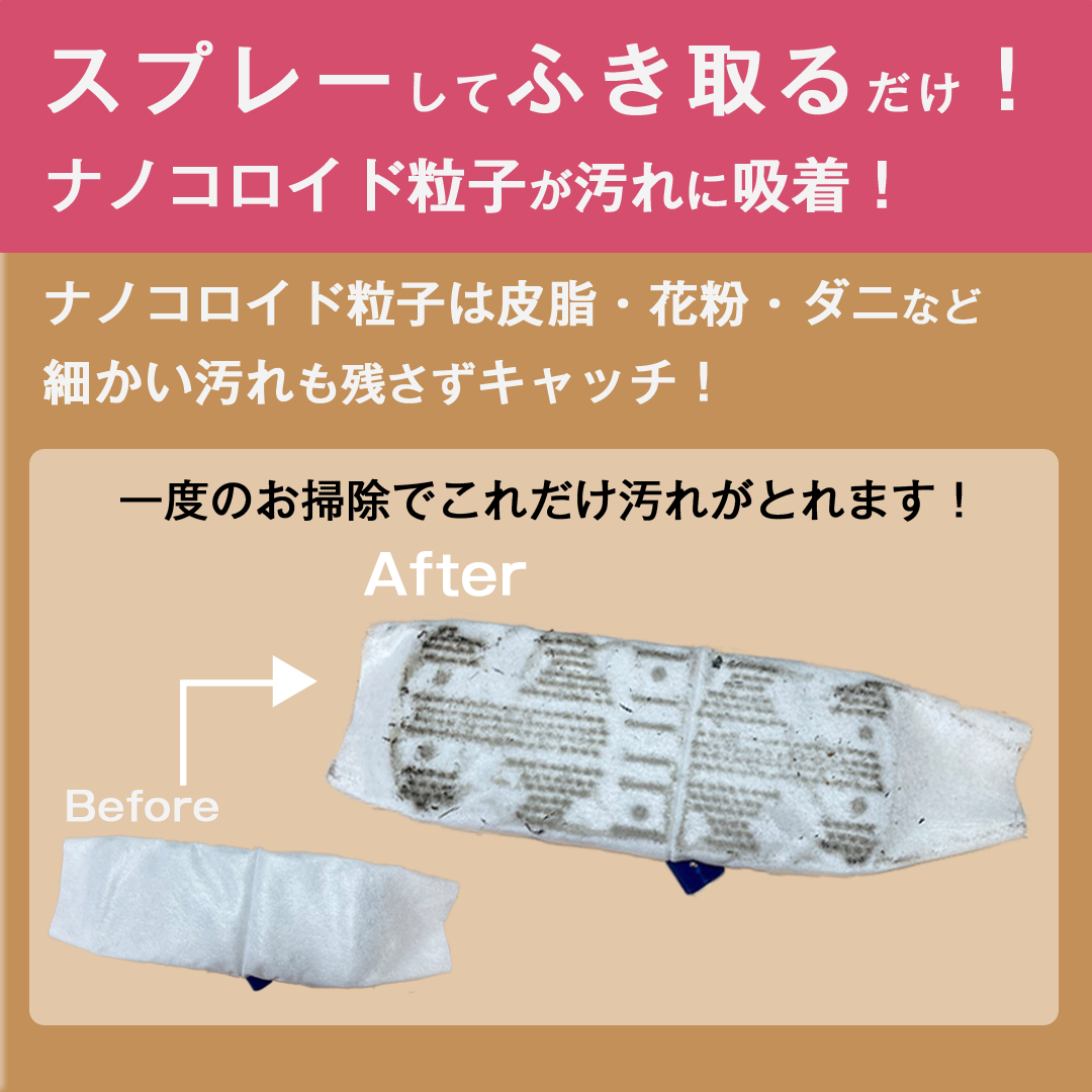 スプレーして拭き取るだけ!皮脂汚れ・花粉・ダニなどの汚れ