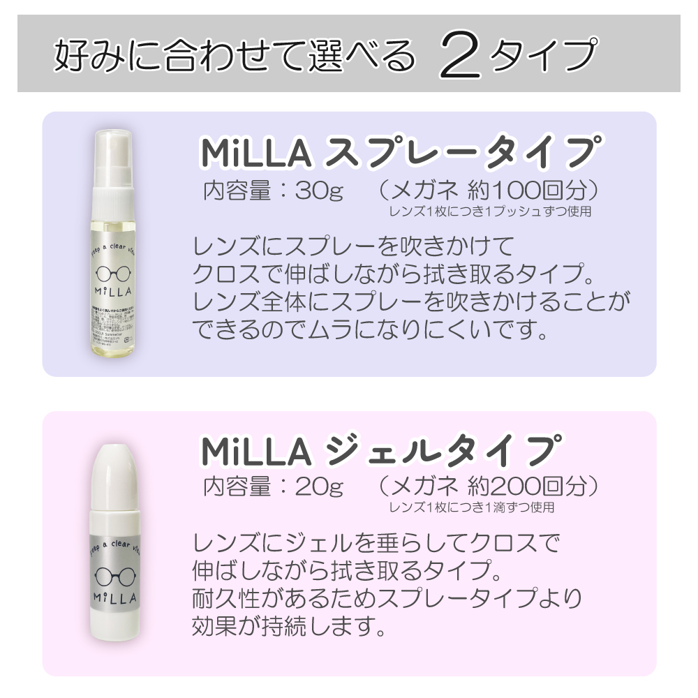 メガネの曇り止めMiLLA。好みに合わせて選べる2タイプ。スプレータイプはメガネ全体にスプレーができるのでムラになりにくいです。ジェルタイプはスプレータイプよりも耐久性があります。