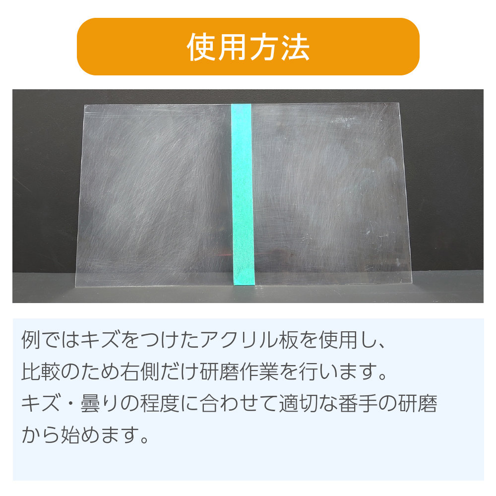 使用方法。例ではキズをつけたアクリル板を使用しています。キズ・曇りの程度に合わせて適切な番手の研磨から始めます。