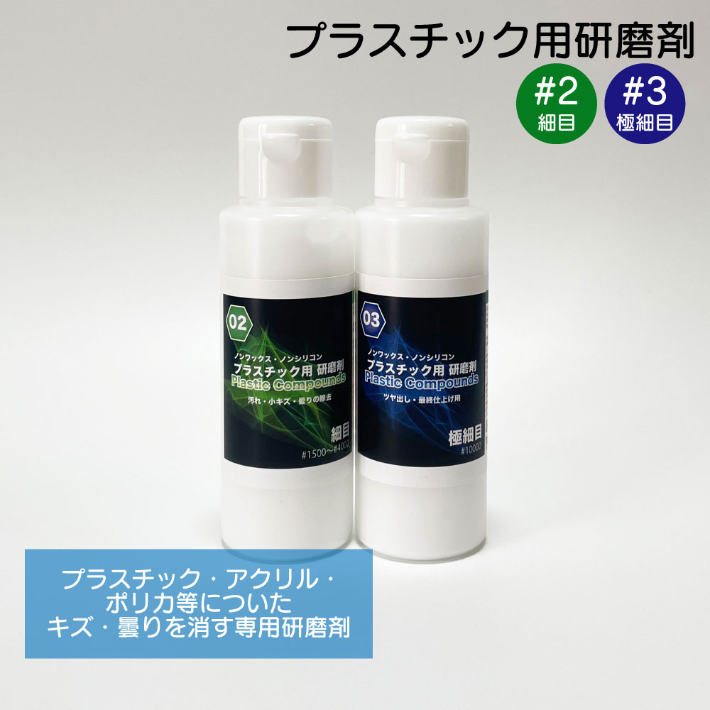 プラスチック用研磨剤、ポリカやアクリル、乗り物のプラスチック部分のキズや曇りをキレイに除去する