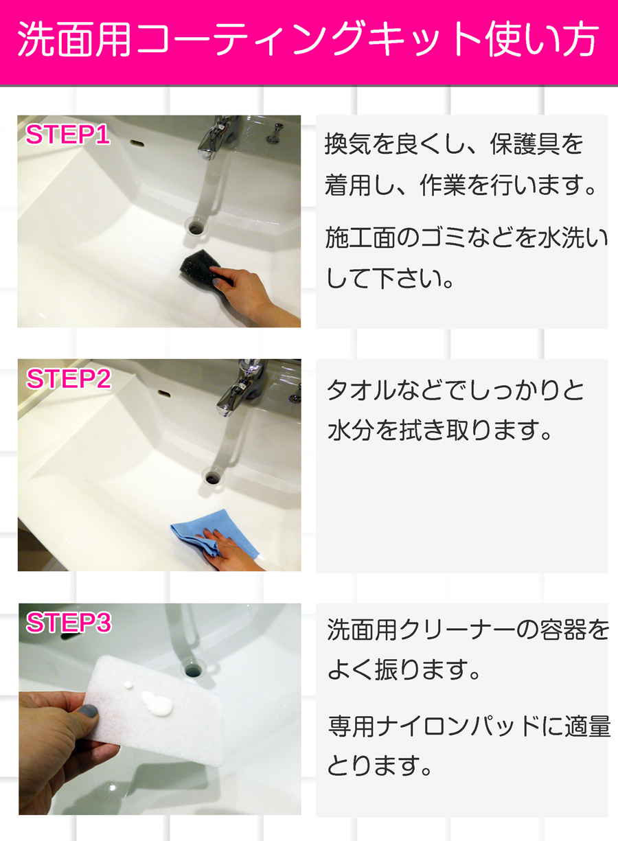洗面用コーティングキットの使用方法。保護具を着用し、施工面のゴミを水洗いしてください。