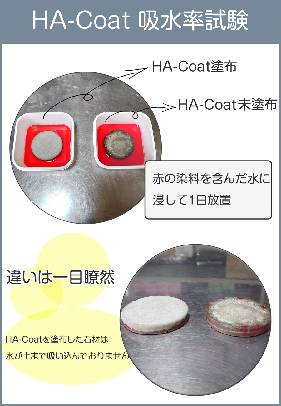 赤い染料を含んだ水で効果実証。施工済の石材は水が上まで吸い上げないことが一目瞭然で分かります。