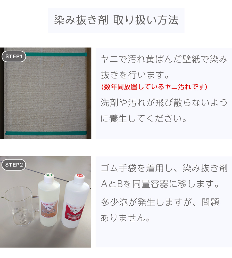 お掃除ソムリエ オリジナル洗剤、壁紙用染み抜きAB剤。数年間放置したヤニによる黄ばみ汚れを掃除する方法。事前に養生し、AB剤を同量混ぜ合わせる。