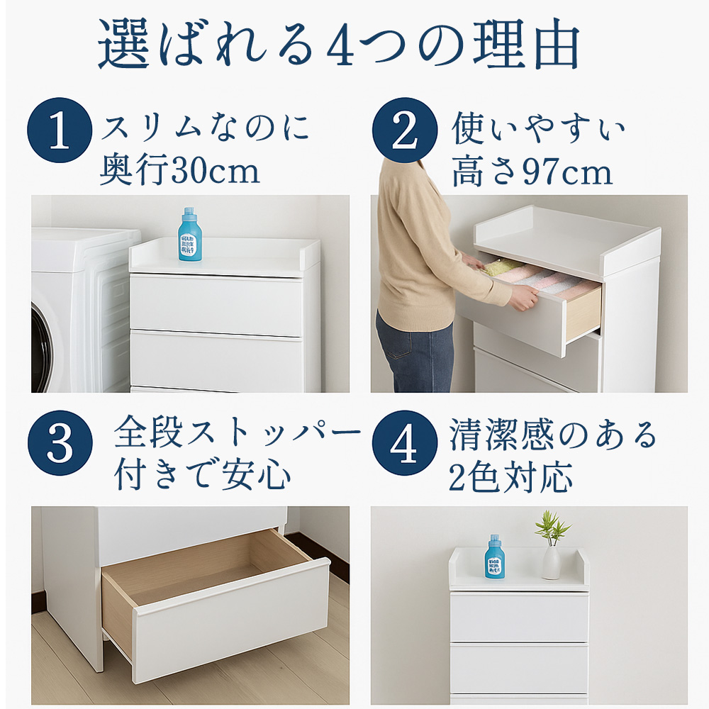 エペル | 脱衣所・洗面所のすき間にぴったり！ランドリーチェスト 幅50cm 【 薄型スリム 幅30〜60cm 奥行30cm 完成品 日本製 おしゃれ収納 白 グレー |  | 05