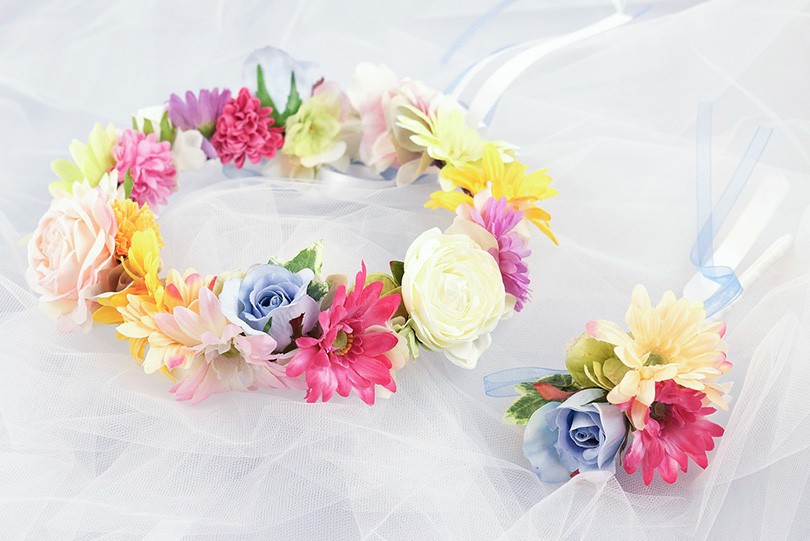 【美品】ウェディング　ブーケ&ブートニア&花冠&リストバンド　4点セット 花冠 ＋ ブートニア セット ウェディング 結婚式 カラフル 花かんむり