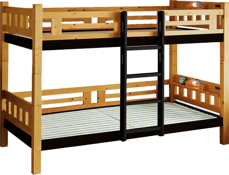 二段ベッド 子供 コンパクト パイン素材 すのこ 省スペース 垂直はしご ちょい宮付き ライト付き ...