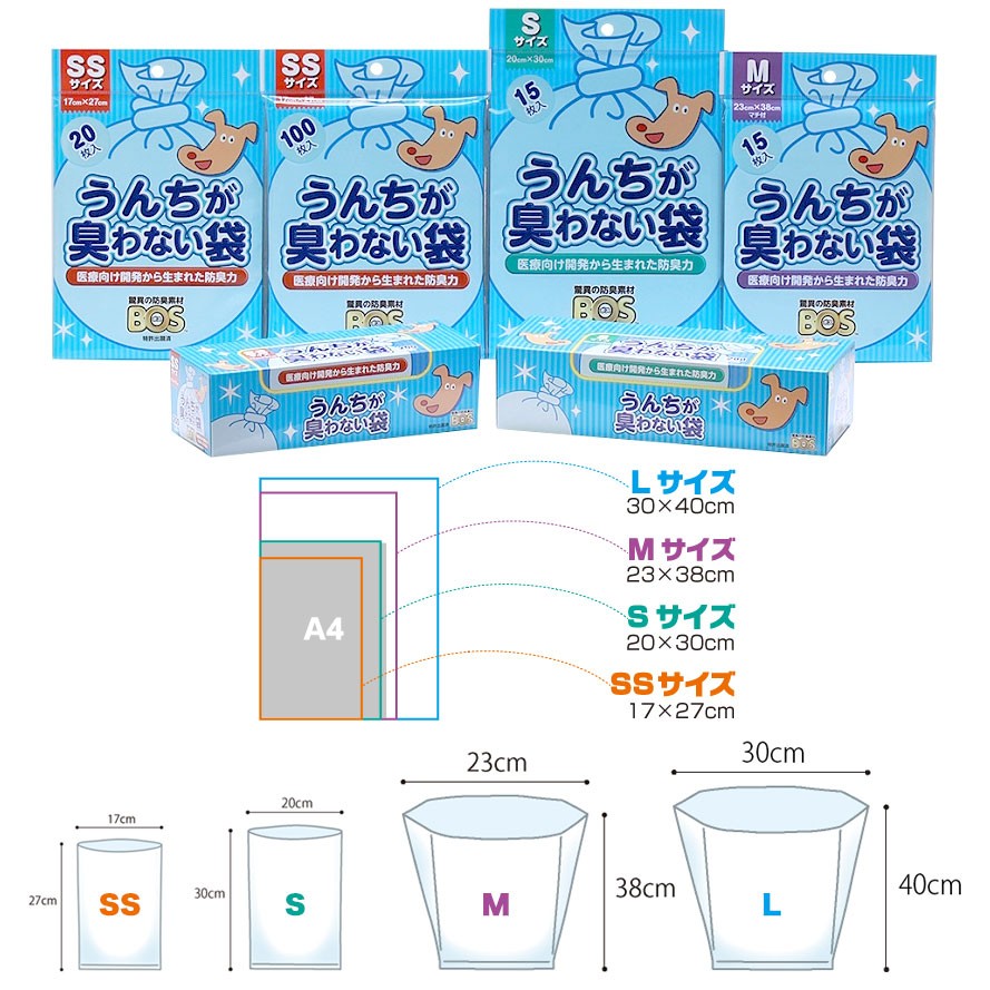 クリロン化成BOSうんちが臭わない袋SS-Lサイズラインナップ