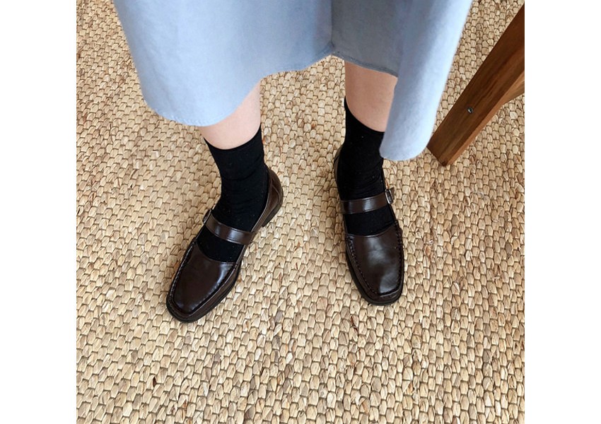 ローファー ベルト ストラップ レディース ローヒール レザー 黒