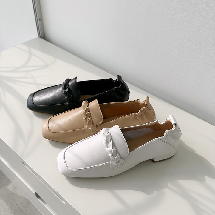 ローファー 天然牛革 編み込み モチーフ スクエアトゥ フラット