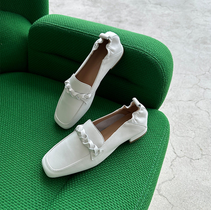 ローファー 天然牛革 編み込み モチーフ スクエアトゥ フラット