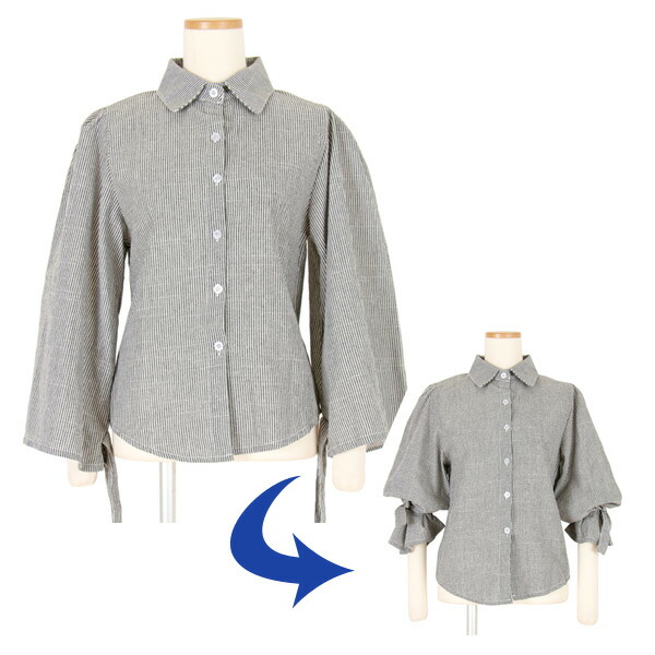 シャツ ブラウス ストライプ柄 リボン 七分袖 カジュアル トップス