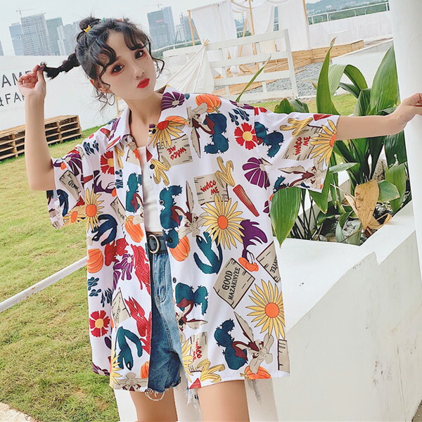 韓国 メンズ シアーシャツ ボタニカル柄 半袖 トップス ゆったり 柄シャツ 隠れウルフ ボタニカル柄 カラフル プリント オーバー