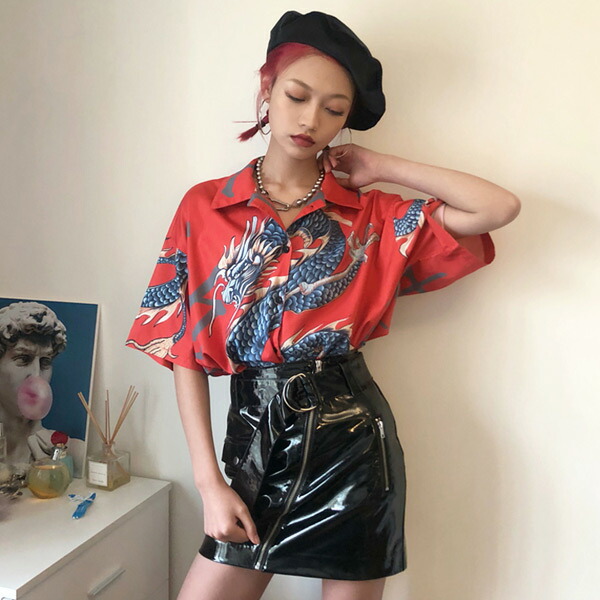 柄シャツ ドラゴン柄 プリント ビッグシルエット トップス