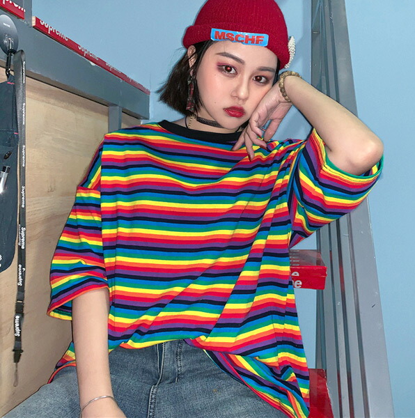 Tシャツ カットソー 半袖 レインボー ボーダー柄 トップス ダンス 衣装 韓国 ヒップホップ レディース