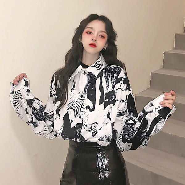 柄シャツ 長袖 総柄 モノトーン配色 ビッグシルエット トップス