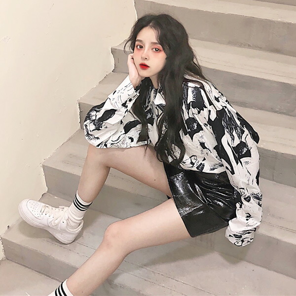 柄シャツ 長袖 総柄 モノトーン配色 ビッグシルエット トップス ダンス