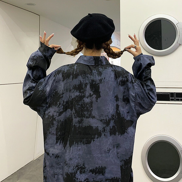 柄シャツ 長袖 総柄 ダークカラー ビッグシルエット トップス