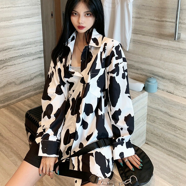 柄シャツ 牛柄 COW柄 アニマル柄 ビッグシルエット 総柄プリント 長袖