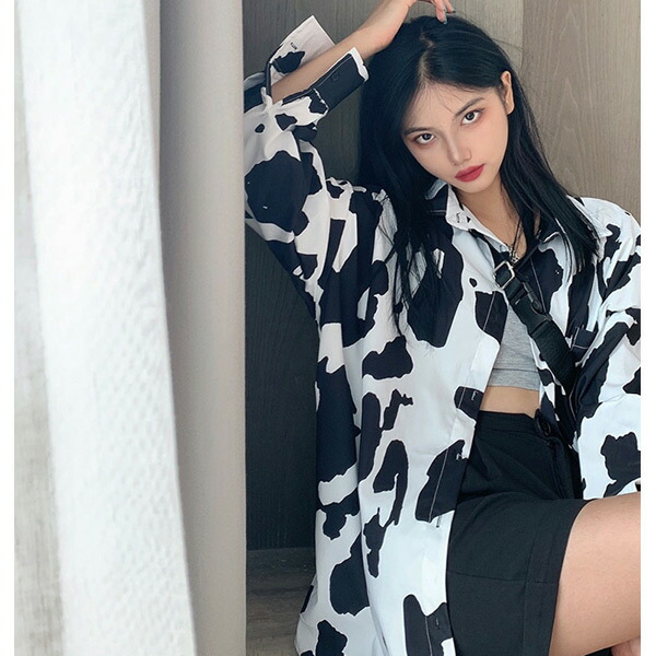 柄シャツ 牛柄 COW柄 アニマル柄 ビッグシルエット 総柄プリント 長袖