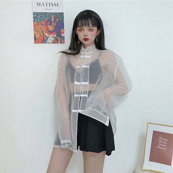 シースルー 花柄 セクシー シャツ チャイナ風 オーガンジー 韓国 シアー カンフーシャツ チャイナシャツ シースルー ホワイト