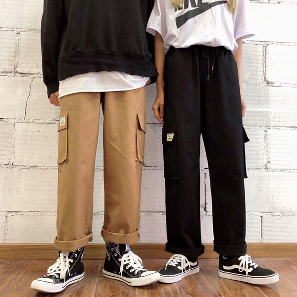 カーゴパンツ ロゴワッペン ワンポイント ウエストゴム ベージュ