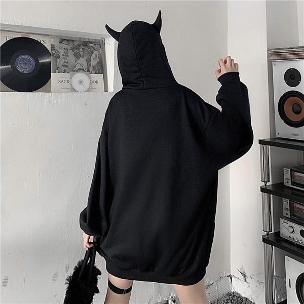 ジップアップ パーカー デビル 耳付き 悪魔 黒 長袖 トップス ダンス 衣装 ヒップホップ コスチューム 韓国ファッション 大きいサイズ 個性的 服 ジップアップ パーカー デビル 耳付き 悪魔 黒 長袖 トップス