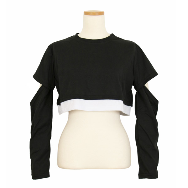 ロンT ショート丈トップス 長袖 黒 重ね着風 トップス ダンス 衣装  