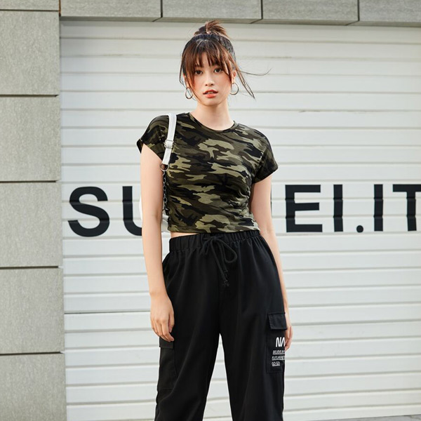Tシャツ カモフラージュ柄 ショート丈 ミニTシャツ チビT 迷彩柄