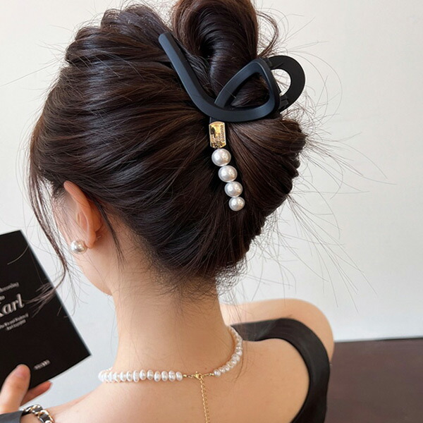 パールクリスタル装飾 ブラックヘアクリップ メール便送料無料 バンスクリップ パール マットブラック 黒 ヘア