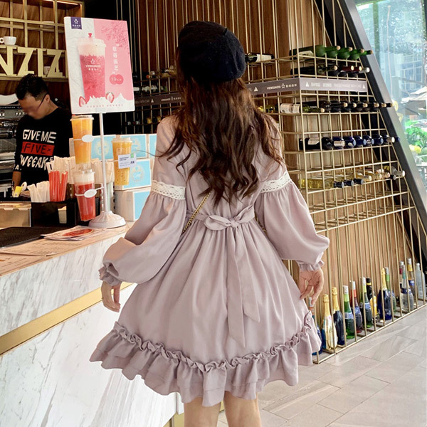 ロリータワンピース フリル リボン キャンディスリーブ 長袖 膝上丈
