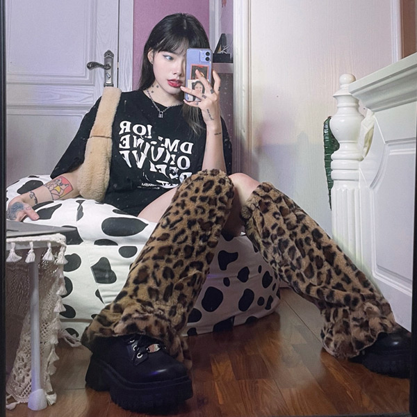 レッグウォーマー レオパード柄 エコファー フリル付き ヒョウ柄