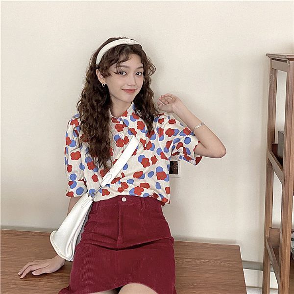 柄シャツ コインドットと丸いお花のパフスリーブシャツ トップス