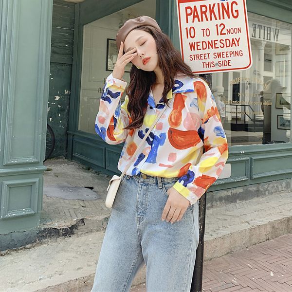 柄シャツ カラフル アート ペイント ビッグシルエット 長袖 トップス