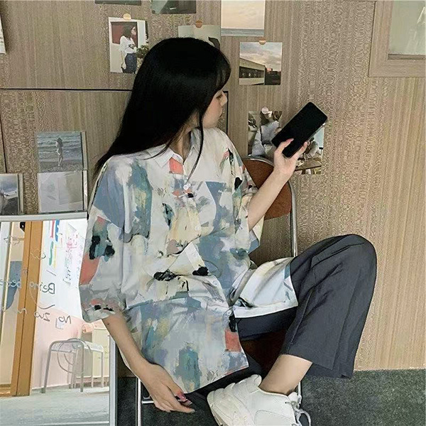 即納あり】 柄シャツ ペールカラー ペイント ビッグシルエット