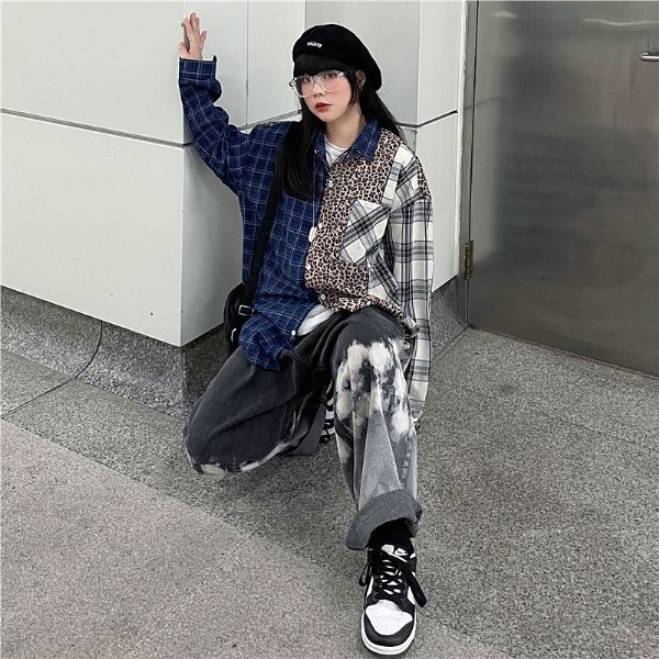 柄シャツ チェック柄 ヒョウ柄 異素材ミックス ビッグシルエット 長袖