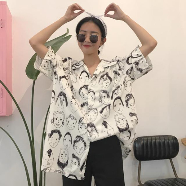 韓国EVAN きれいめ大人アートデザイン柄シャツ 柄シャツ アート コラージュ風 月 花 レトロ オーバーサイズ