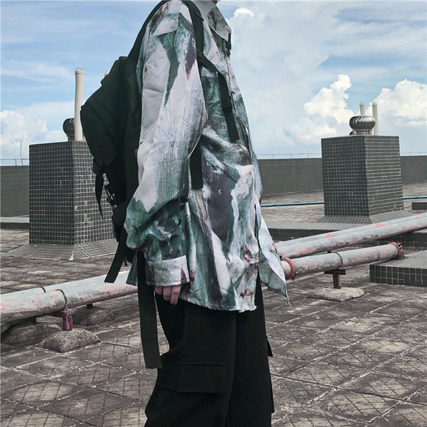 柄シャツ アート アースカラー 総柄 長袖 ビッグシルエット シャツ