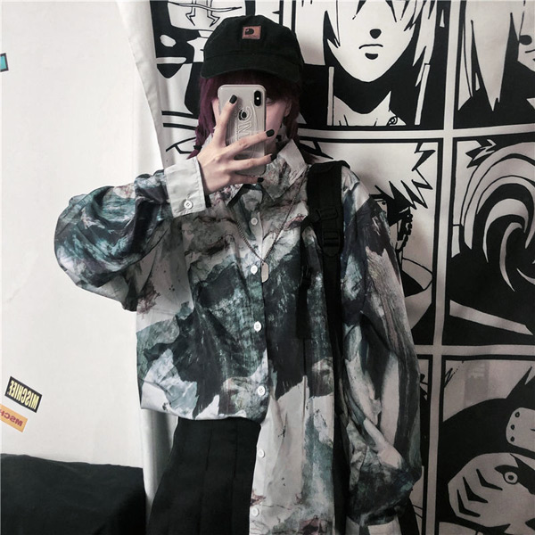 柄シャツ アート アースカラー 総柄 長袖 ビッグシルエット シャツ