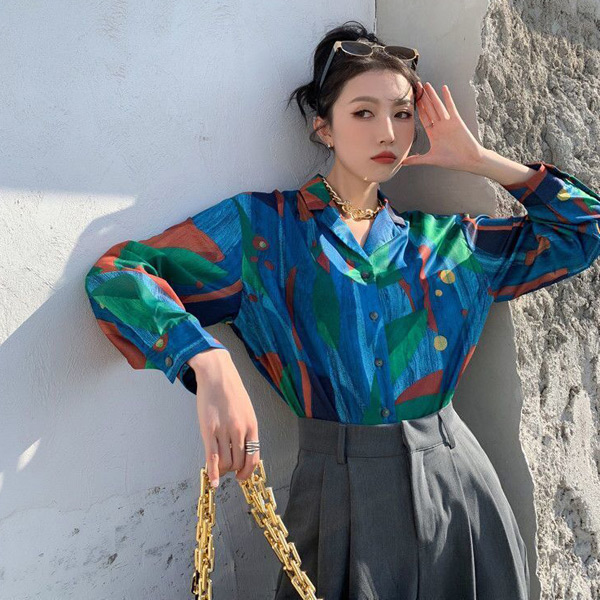 柄シャツ オープンカラーシャツ アート モード ペイント 幾何柄 配色  