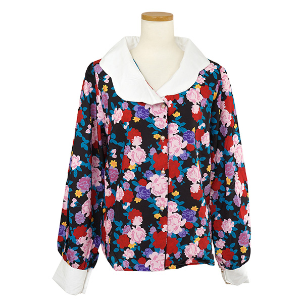 柄シャツ 花柄 花 バラ 薔薇柄 白襟 クレリックカラー パフスリーブ