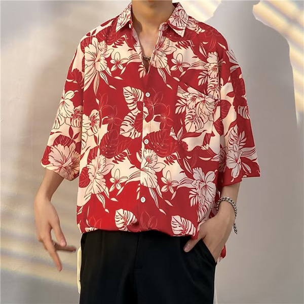 柄シャツ ハイビスカス柄 オープンカラー アロハシャツ 半袖 花