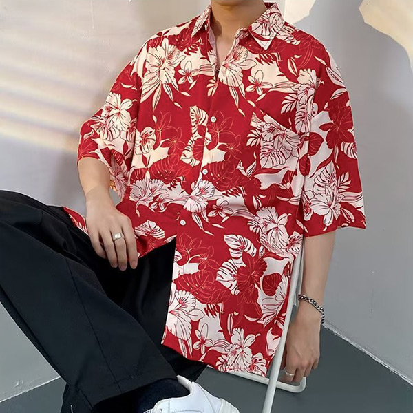 柄シャツ ハイビスカス柄 オープンカラー アロハシャツ 半袖 花