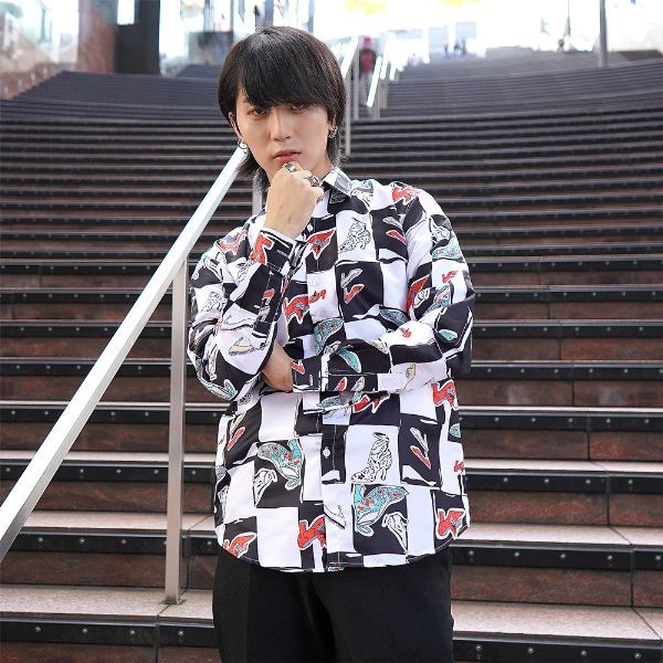 柄シャツ ハイヒール柄 ブロックチェック柄 ヴィクトリアンパンプス 